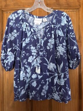 NWOT Laura Ashley Navy Floral Tassel Peasant Blouse